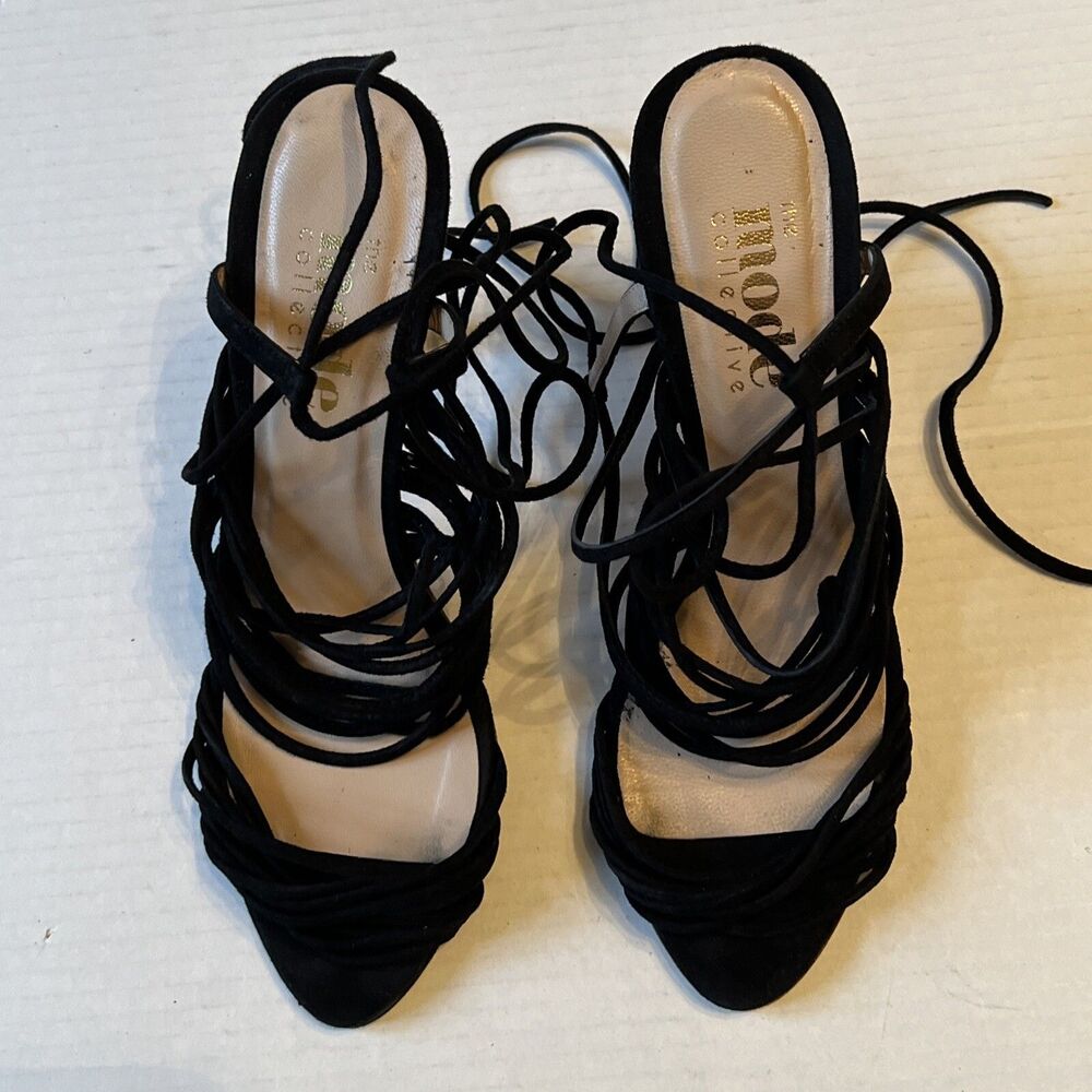 The Mode Collective Sz 38 Black 4”Heels Leather Sandals Made In Spain